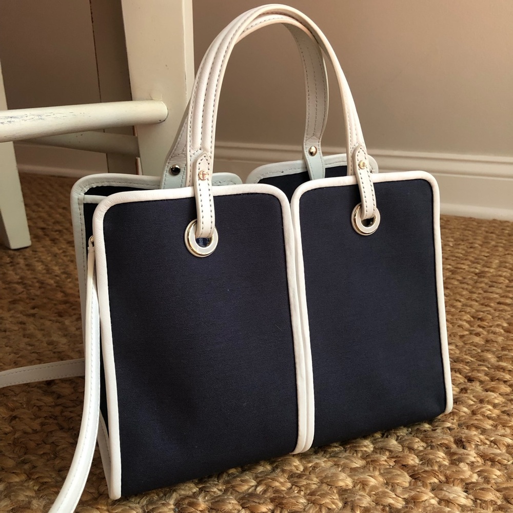 New: Kate Spade Sam Canvas Satchel. Navy with White Leather.
